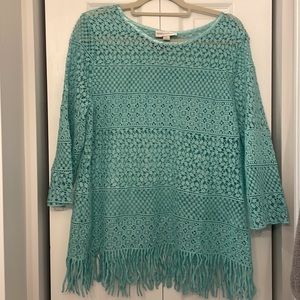 Draper’s & Damon’s Aqua 3/4 Sleeve Crocheted top